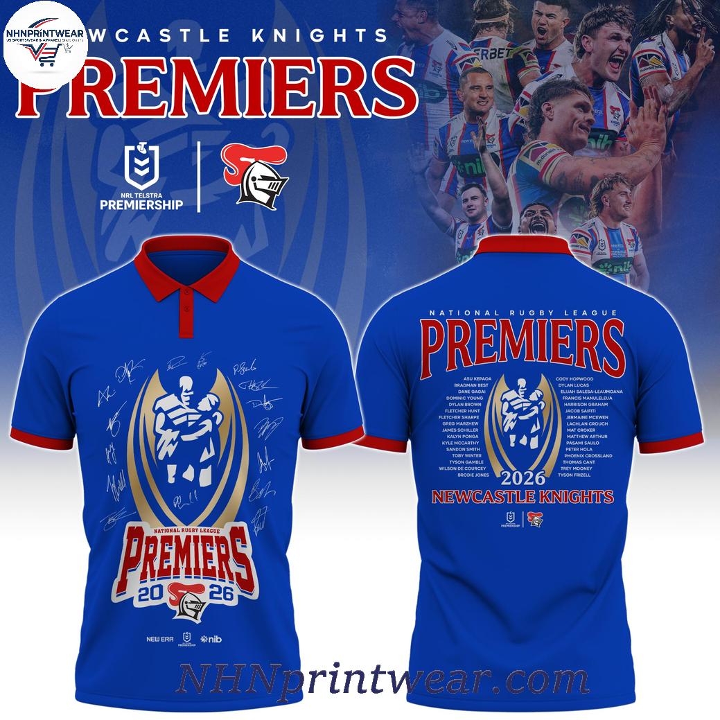Newcastle Knights 2026 NRL Premiers Blue Polo Shirt Newcastle Knights 2026 NRL Premiers Blue Polo Shirt